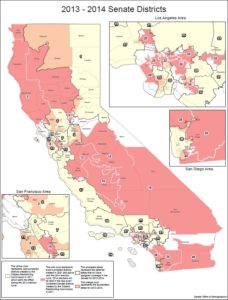 California Senate Districts for 2013-14, with orange representing two-Senator areas and white representing zero-Senator areas.