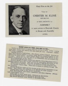 A campaign postcard used by Assemblyman Chester M. Kline (1932)