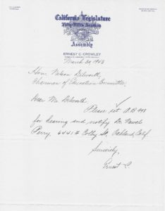 A letter from Assemblyman Ernest C. Crowley requesting that his bill (AB 998) be scheduled for a Committee hearing. (1943)